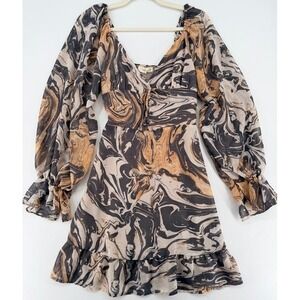 Molly Green Marble Print Mini Dress Long Sleeve Smocked S